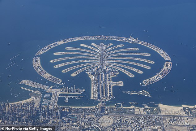 A long shot of Jumeirah Bay Island, better known as 'Billionaires Island', a remote enclave in Dubai where the super-rich live