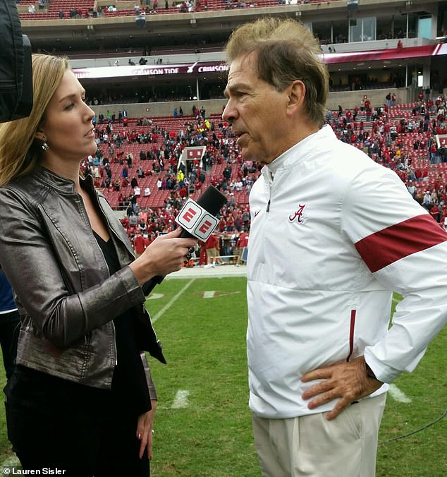 Sisler, now a sideline reporter for ESPN, talks with legendary Alabama coach Nick Saban