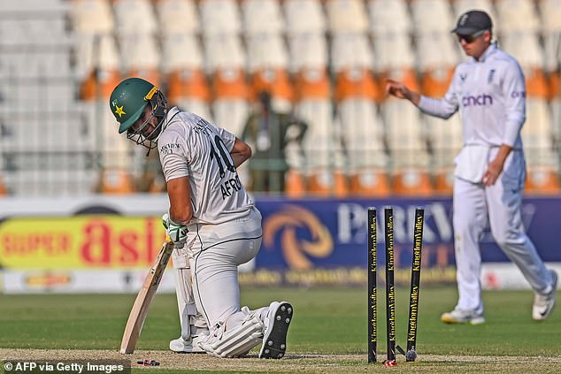 Shaheen Shah Afridi was bowled by Jack Leach, who took three wickets for 160 runs in the first innings