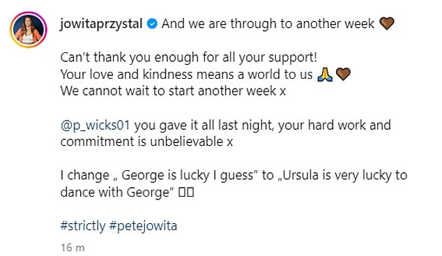 Taking to her Instagram, Jowita described the TOWIE star as 'incredible' as she thanked fans for their continued support