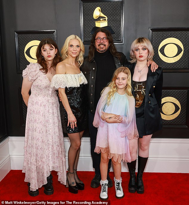 The Grohls — whose first date was at Sunset Marquis Whiskey Bar in 2001 — also welcomed 10-year-old daughter Ophelia Saint Grohl (2-R, photo 2023) during their wedding.