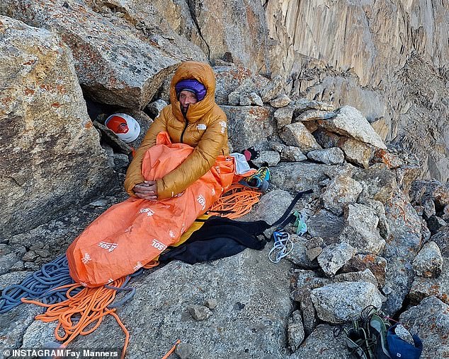 British mountaineer Mrs. Manners seen on the mountain in a sleeping bag