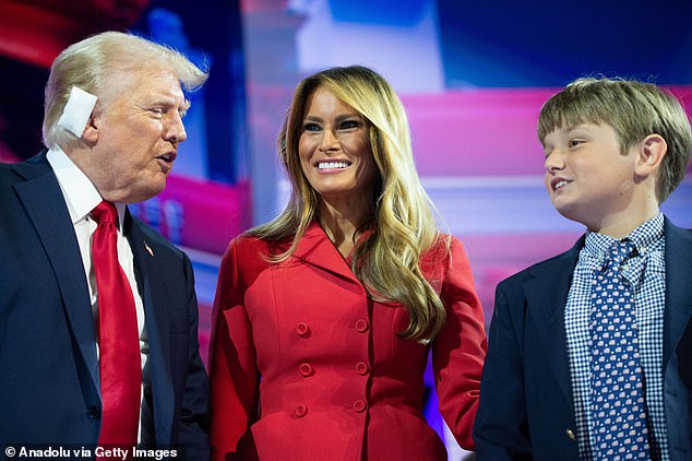 Melania (pictured with Donald, left) added that she spent weeks researching schools to send son Barron, then 10, to as they prepared to move to D.C. and planned to redo his room aim.