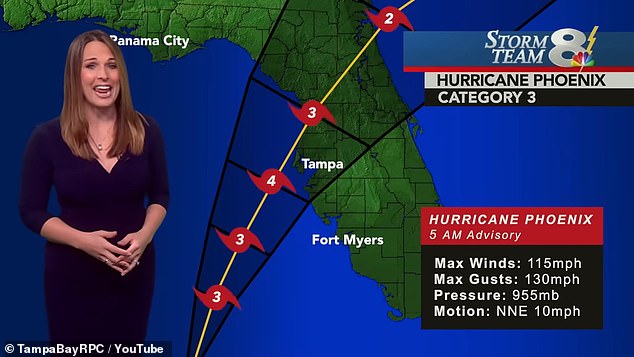 The footage shows fake weather reports showing a gigantic hurricane barreling toward Tampa