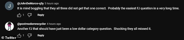 Another wrote: 'It's baffling that all three of them got that wrong. Probably the easiest FY question in a very long time'