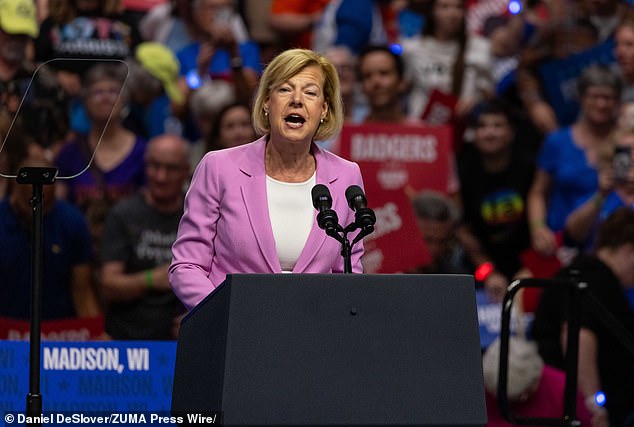 U.S. Senator Tammy Baldwin delivers remarks during a campaign rally for Democratic presidential candidate Kamala Harris in Madison, Wisconsin, on September 20, 2024