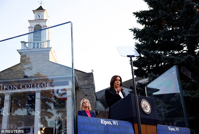 Democratic presidential candidate and Vice President Kamala Harris speaks alongside former Congresswoman Liz Cheney, R-Wyo., during a campaign event at Ripon College in Ripon, Wisconsin, U.S., October 3, 2024