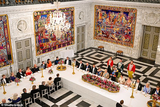 The event (pictured) held at Christiansborg Palace in Copenhagen was held in honor of Icelandic President Halla Tomasdottir who was on a state visit with her husband Bjorn Skulason