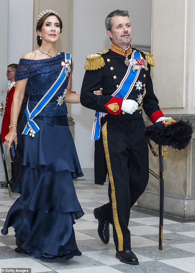 Tómasdóttir's trip to Denmark marks the first state visit by King Frederick (pictured, right) since he ascended the throne in January this year, following the historic abdication of his mother, Queen Margrethe II (Queen Mary is pictured left)