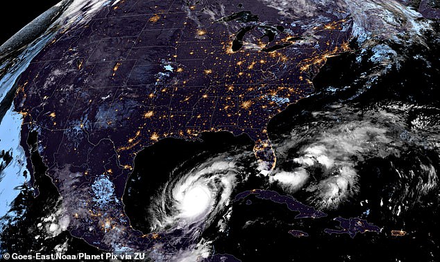 Hurricane Milton, currently a catastrophic Category 4 hurricane with winds of 155 miles per hour, continues to rage across the Gulf of Mexico on its way to Florida, shown on the GOES-East satellite at 10:09 GMT, October 8, 2024