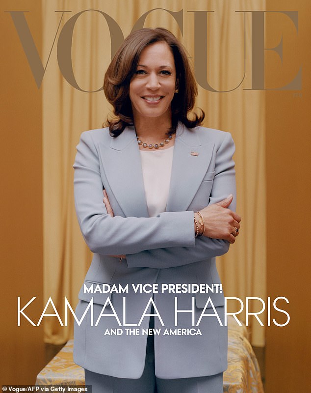 Her $15,380 rose gold and labradorite necklace was featured on Harris' 2021 Vogue cover, along with a matching $2,660 pair of studs