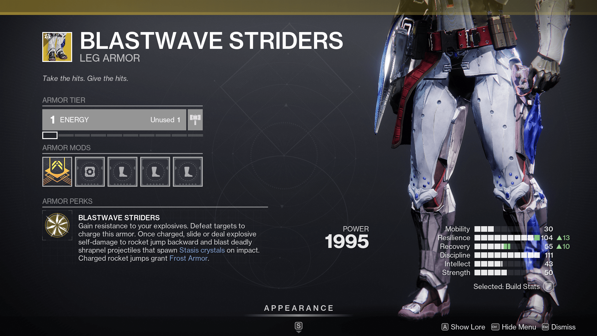 A Guardian wears the exotic legs of the Blastwave Strider in Destiny 2: Revenant 