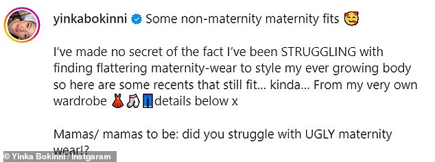 Yinka wrote: 'Some pregnancy showers that are not related to pregnancy. I've made no secret of the fact that I struggle with finding flattering maternity clothes to style my ever-growing body'