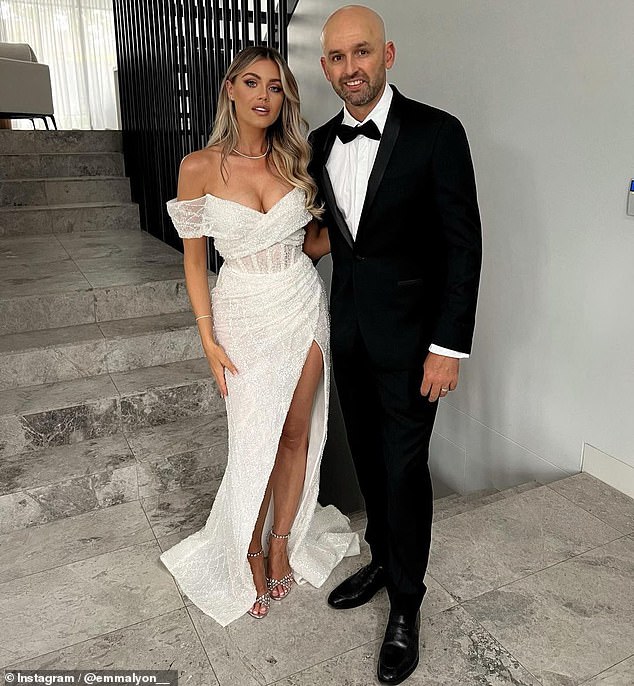 Champion off-spinner Lyon had two daughters with ex-partner Mel Waring before marrying Emma in July 2022 (pictured together)