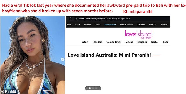 Another TikTok star, Mimi Paranihi, who went viral with a video of her awkward trip to Bali with her ex-boyfriend, will also star. Pictured