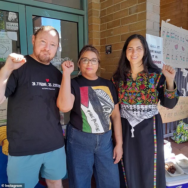 Mr Lees is seen with Greens senator Mehreen Faruqi and Sarah from the group Families For Palestine