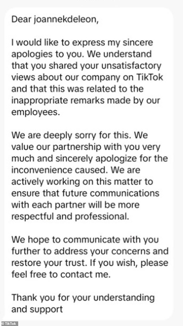 After Romarate posted her first TikTok on the threatening emails, Rugsstyle immediately sent her an apology.