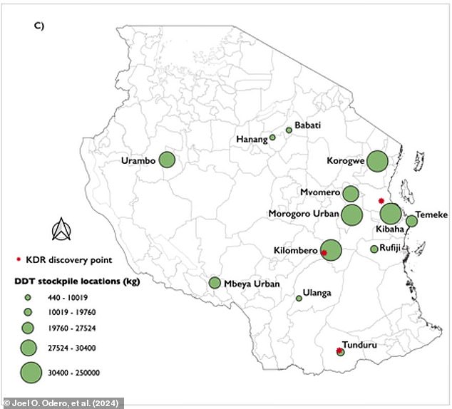 The researchers found that there were large supplies of DDT near each of the points where knock-down resistance was discovered (red dots). This map shows Tanzania's historical DDT stocks as green circles