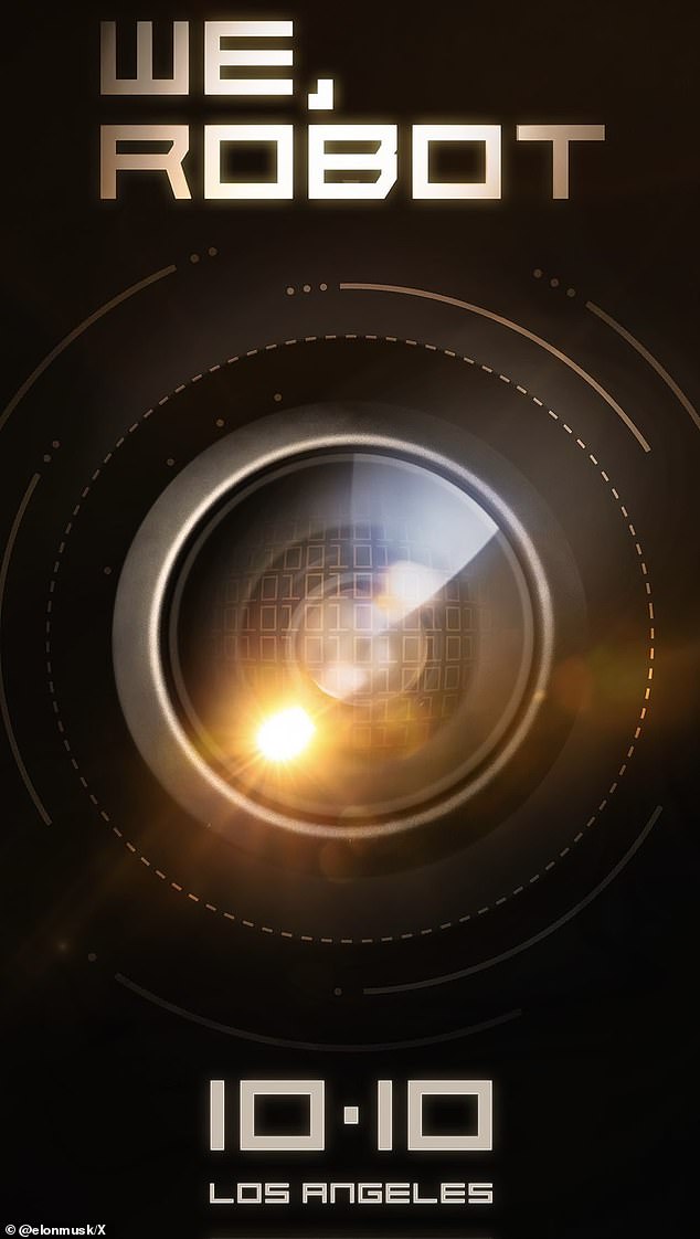 Tesla's promotional image for the RoboTaxi shows a close-up of a digital camera lens that resembles an eye - possibly the eye of a robot or artificial intelligence system.