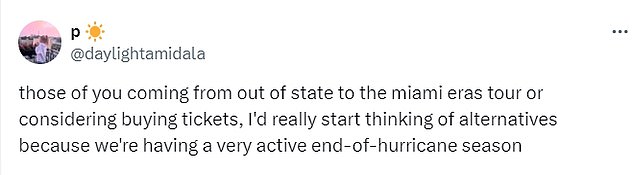 Some fans expressed fears for their safety as they attend the Eras Tour in Miami next week. The South Florida city is not expected to be severely affected by the hurricane
