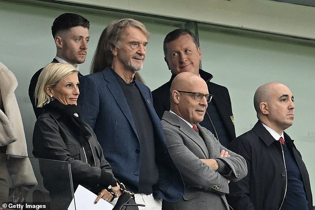 Ratcliffe and CEO Omar Berrada (right) watched the 0-0 draw against Aston Villa from the stands