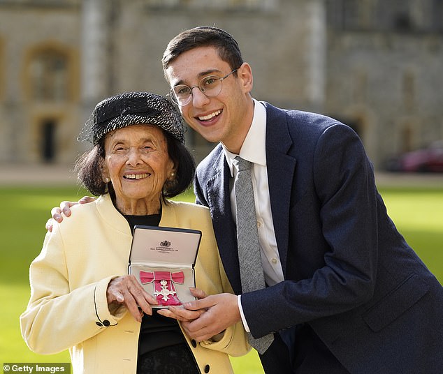 Lily (pictured) was recognized last year for her services to Holocaust education at Windsor Castle, after being included in the New Year Honors list - the first under King Charles's tutelage since his accession to the throne. Pictured with great-grandson Dov Forman