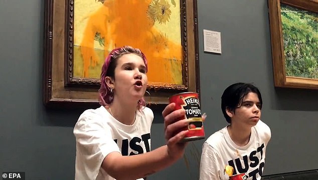 In October 2022, Phoebe Plummer, 23, (left) and fellow activist Anna Holland, 22, (right) threw two cans of Heinz soup at Sunflowers at the National Gallery in London.