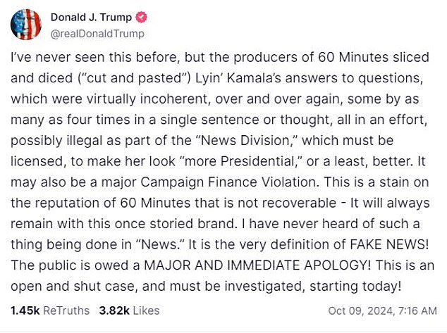 1728483183 53 Trump demands 60 Minutes release the FULL transcript of Kamala