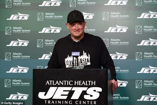 New York Jets offensive coordinator Nathaniel Hackett speaks to reporters in May