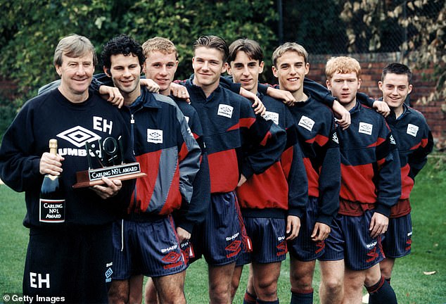 Ryan Giggs, Nicky Butt, David Beckham, Gary Neville, Phil Neville and Paul Scholes (second left to second right) were all part of the Class of 92