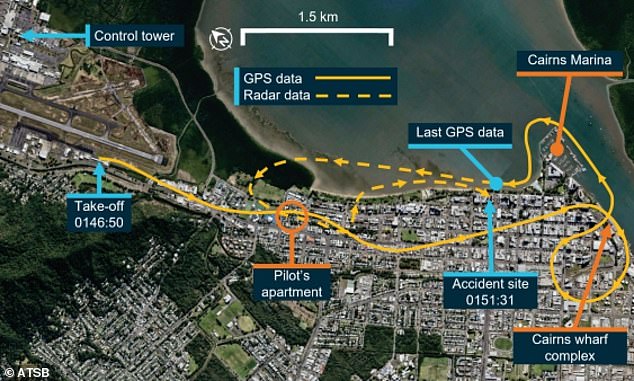 The 'unauthorized' four-minute journey took off from the Nautilus hangar at Cairns Airport shortly after 1.45am and completed several circuits over the mudflats and over the city's Esplanade, a no-fly zone (photo: the flight path)