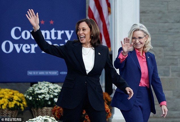 Vice President Kamala Harris (left) campaigned for the first time Thursday with former Republican Rep. Liz Cheney (right), who endorsed the Democrat. Cheney's father, former Vice President Dick Cheney, has also endorsed Harris