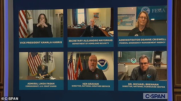 As National Weather Service Director Ken Graham spoke, Harris can be seen covering her mouth and heard saying, 