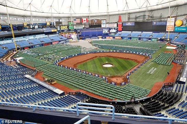 The baseball field had been transformed into a base for first responders before the storm