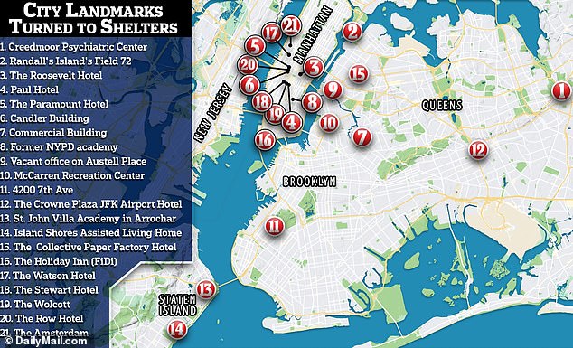 Twenty-two of the hotels were in downtown Manhattan, with a total of 214 emergency shelters across the city at the height of the crisis