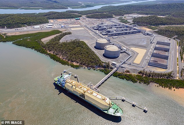 About 80 percent of the natural gas produced in Australia is liquefied for use in Asian countries (photo Origin Energy's Australia Pacific liquefied natural gas facility on Curtis Island in northern Queensland)