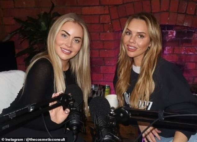 But in March she opted for a nine-hour full face, neck and lip lift to squeeze out 4cm of filler – a so-called age-defying procedure that is becoming increasingly common among younger women – on both sides of her face. Pictured: Ashley (left) before her facelift with podcast co-host Lauren Harris (right)