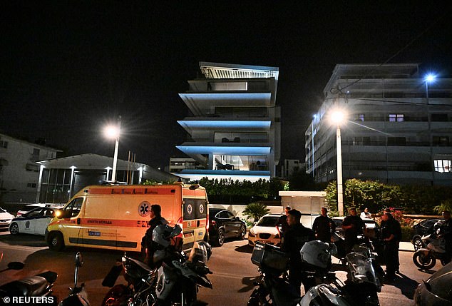 Police guard the area outside the home of British-born Panathinaikos and Greek defender George Baldock, where he was found dead, in the Athens suburb of Glyfada