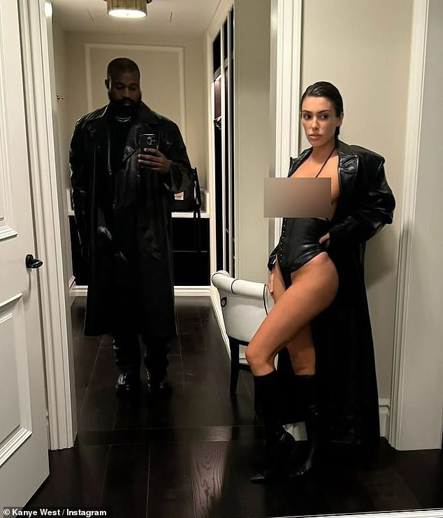 Bianca modeled a barely there thong bikini, a black corset and a leather trench coat