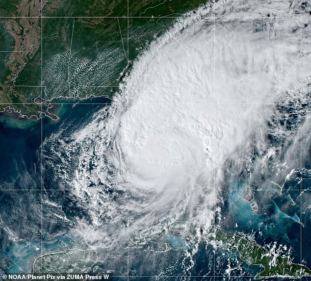 An aerial view of the category three storm, which has forced millions of people to evacuate