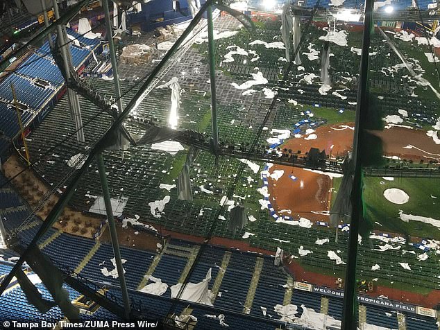 The monster storm blew entire panels off the top of the MLB stadium