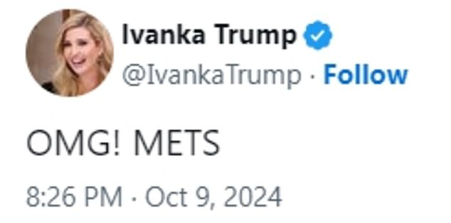 On Wednesday, Ivanka celebrated with the Mets by posting the team's adopted slogan