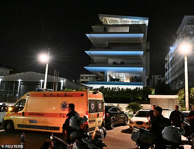 Emergency services outside the home of British-born Panathinaikos and Greek defender Baldock, where he was found dead, in the exclusive suburb of Glyfada