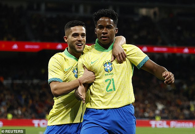 Couto, pictured with Endrick, has even earned four caps for Brazil, but was only loaned out by City