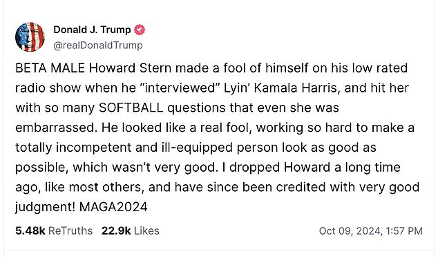 Trump took to Truth Social Wednesday to complain about the interview, part of a media blitz Harris took part in this week after spending the first few months of her campaign being camera shy