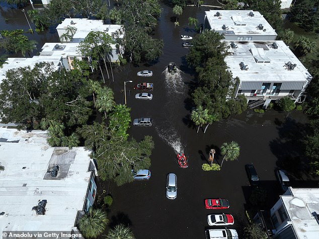 A preliminary estimate suggests at least 10 deaths from Hurricane Milton, after about 200 people were killed by Hurricane Helene last week. Pictured: Search and rescue efforts are underway after Clearwater, Florida, flooded after Hurricane Milton made landfall on Wednesday