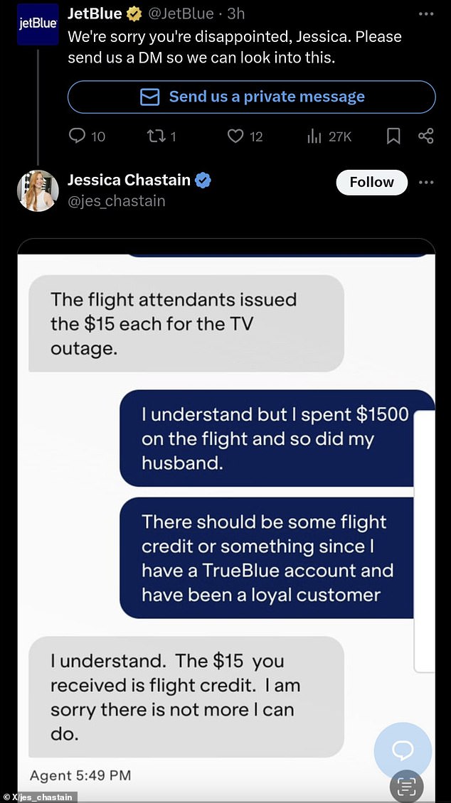 A screenshot of a customer service chat showed Chastain apparently asking for more money because she was a rewards member with the airline