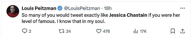 Louis Peitzman joked, “So many of you would be tweeting exactly like Jessica Chastain if you were her level of celebrity. I know that in my soul'