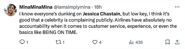 But some users defended Chastain and supported her for trying to hold airlines accountable, saying she is more likely to be listened to than the average flier.