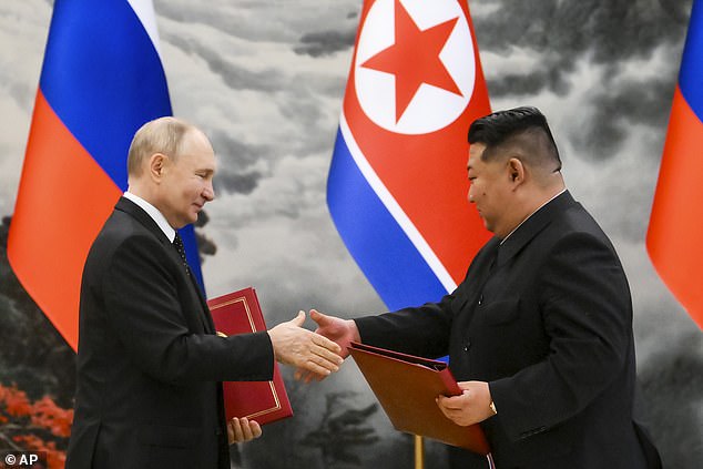 The troops were promised to Vladimir Putin by President Kim Jong Un during a state visit to Pyongyang. This photo shows Russian President Vladimir Putin (left) and North Korean leader Kim Jong Un exchanging documents during a signing ceremony of the new partnership in Pyongyang, North Korea, on June 19, 2024